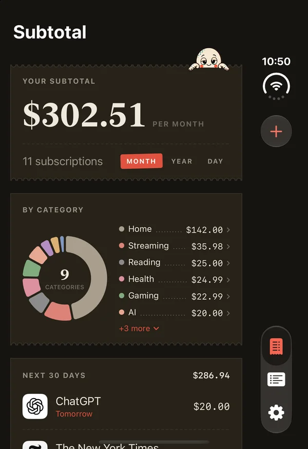 Subtotal on a closed iPhone Duo in dark mode: the bars run down the right edge.