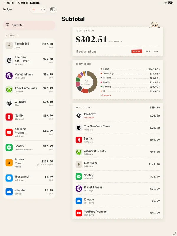 Subtotal on an iPad: the ledger list on the left page, the subtotal on the right.