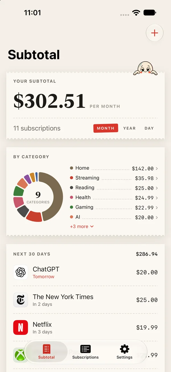 Subtotal on an iPhone in light mode: the monthly subtotal card above the ledger.